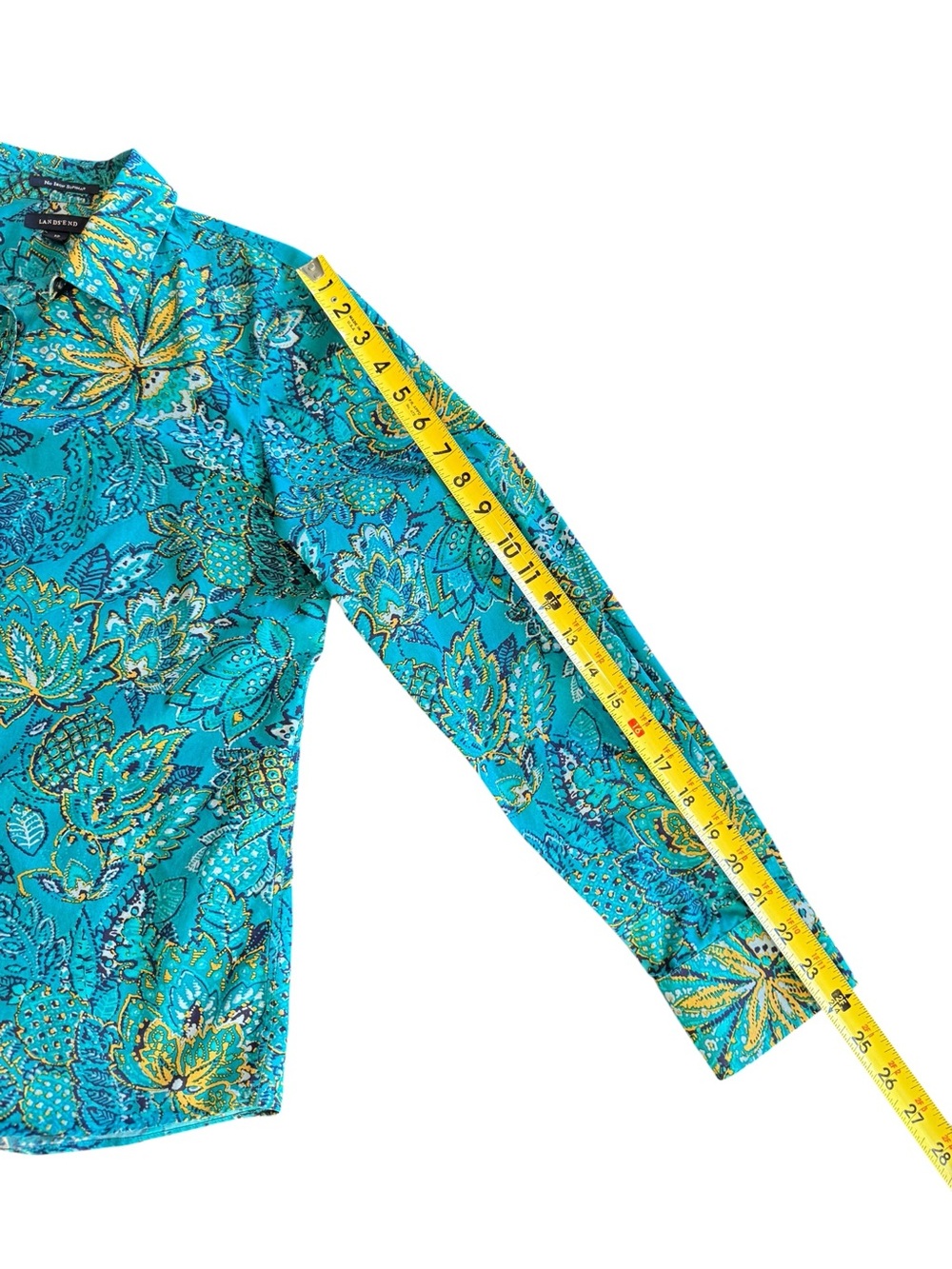 Lands' End Turquoise Floral Button-Front Blouse Size 12 - Picture 7 of 11